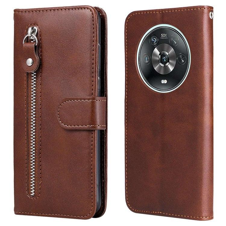 For Honor Magic4 5G/Magic4 Pro 5G Anti-fall PU Leather Wallet Folio Flip Case Zipper Pocket Stand Shockproof Protective Cover - Brown