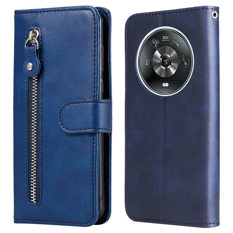 For Honor Magic4 5G/Magic4 Pro 5G Anti-fall PU Leather Wallet Folio Flip Case Zipper Pocket Stand Shockproof Protective Cover - Blue