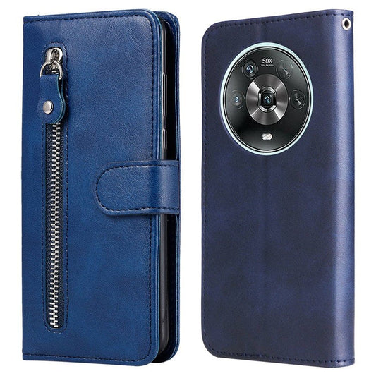 For Honor Magic4 5G/Magic4 Pro 5G Anti-fall PU Leather Wallet Folio Flip Case Zipper Pocket Stand Shockproof Protective Cover - Blue