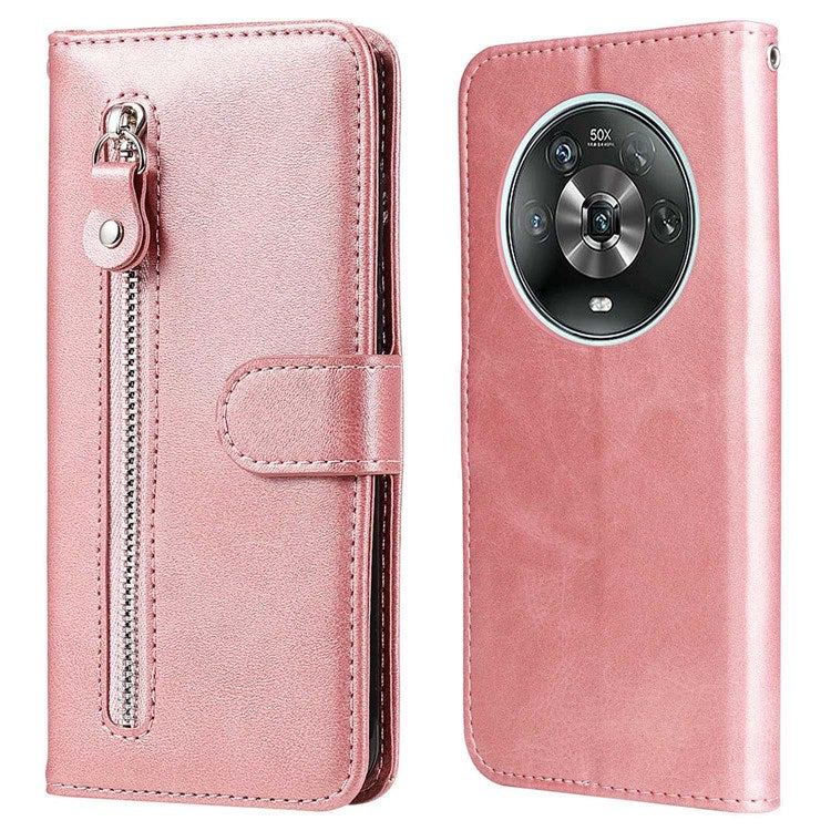 For Honor Magic4 5G/Magic4 Pro 5G Anti-fall PU Leather Wallet Folio Flip Case Zipper Pocket Stand Shockproof Protective Cover - Rose Gold