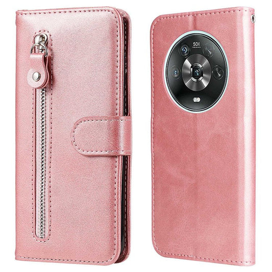 For Honor Magic4 5G/Magic4 Pro 5G Anti-fall PU Leather Wallet Folio Flip Case Zipper Pocket Stand Shockproof Protective Cover - Rose Gold