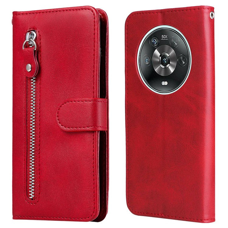 For Honor Magic4 5G/Magic4 Pro 5G Anti-fall PU Leather Wallet Folio Flip Case Zipper Pocket Stand Shockproof Protective Cover - Red
