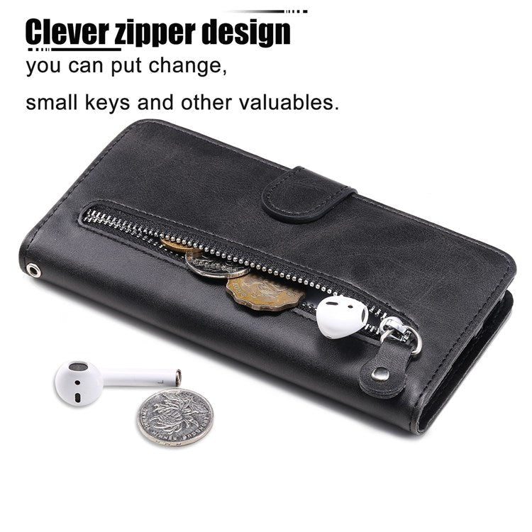 For Honor X9 4G/5G/X30/Magic4 Lite 5G/4G Outer Zipper Pocket PU Leather Wallet Cover Scratch-resistant Cell Phone Stand Protective Case - Black