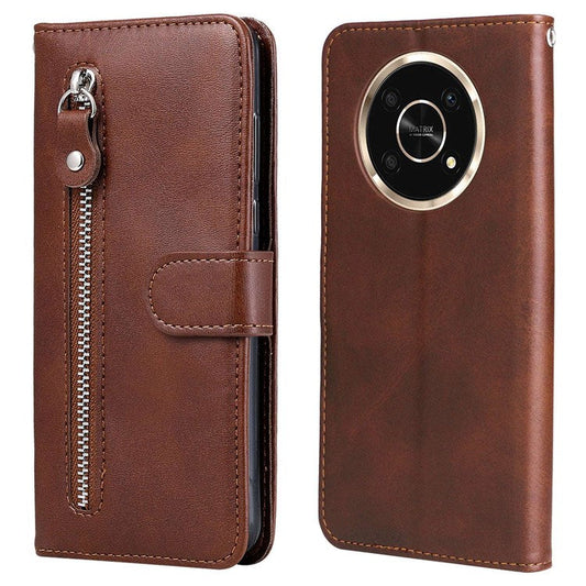 For Honor X9 4G/5G/X30/Magic4 Lite 5G/4G Outer Zipper Pocket PU Leather Wallet Cover Scratch-resistant Cell Phone Stand Protective Case - Brown