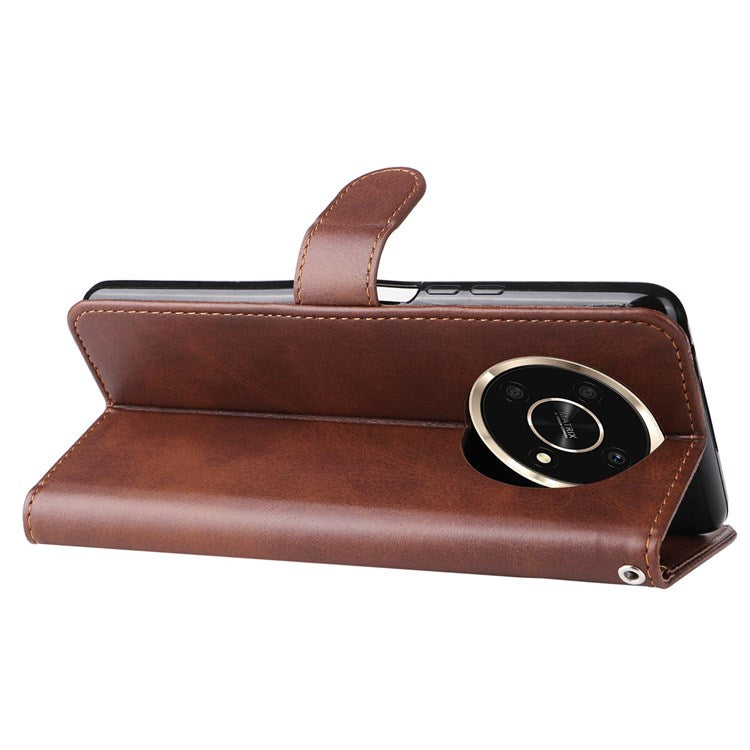 For Honor X9 4G/5G/X30/Magic4 Lite 5G/4G Outer Zipper Pocket PU Leather Wallet Cover Scratch-resistant Cell Phone Stand Protective Case - Brown