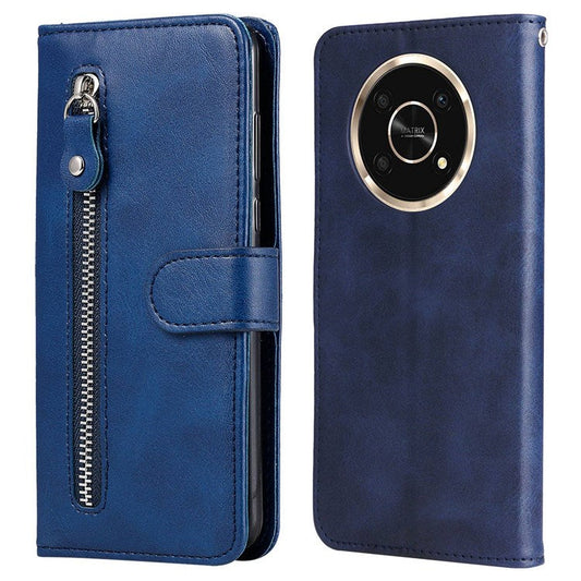 For Honor X9 4G/5G/X30/Magic4 Lite 5G/4G Outer Zipper Pocket PU Leather Wallet Cover Scratch-resistant Cell Phone Stand Protective Case - Blue