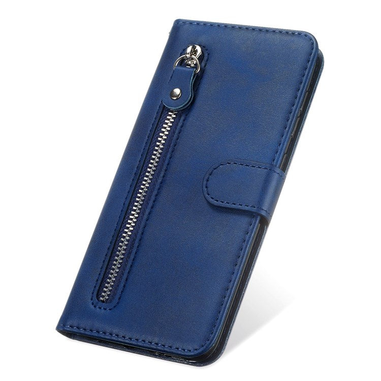 For Honor X9 4G/5G/X30/Magic4 Lite 5G/4G Outer Zipper Pocket PU Leather Wallet Cover Scratch-resistant Cell Phone Stand Protective Case - Blue