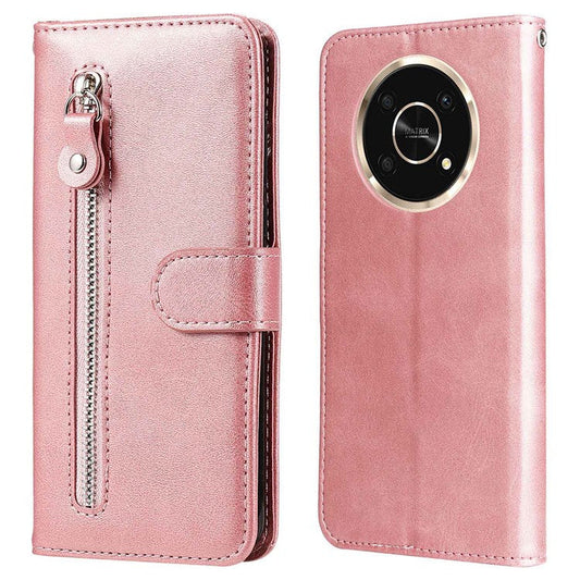 For Honor X9 4G/5G/X30/Magic4 Lite 5G/4G Outer Zipper Pocket PU Leather Wallet Cover Scratch-resistant Cell Phone Stand Protective Case - Rose Gold