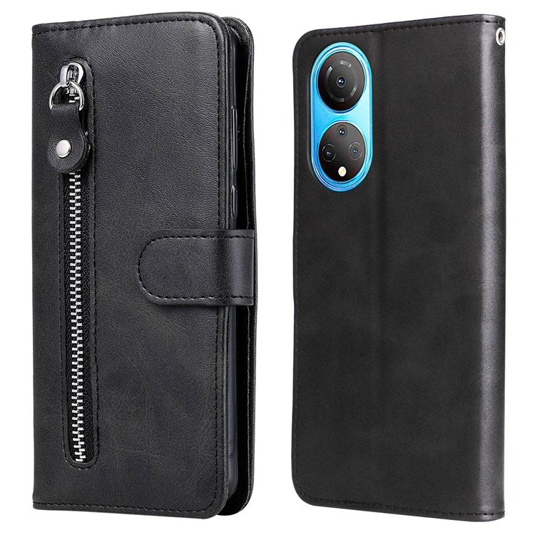 For Honor X7/Play 30 Plus 5G Wallet Phone Case PU Leather Zipper Pocket Flip Stand Design Magnetic Closure Cover - Black