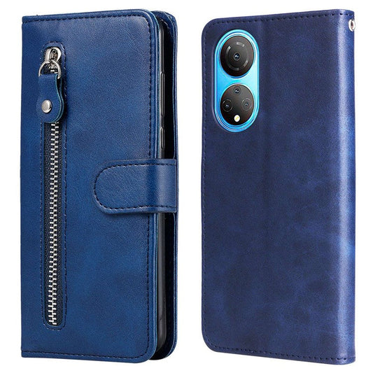 For Honor X7/Play 30 Plus 5G Wallet Phone Case PU Leather Zipper Pocket Flip Stand Design Magnetic Closure Cover - Blue