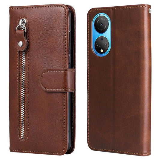 For Honor X7/Play 30 Plus 5G Wallet Phone Case PU Leather Zipper Pocket Flip Stand Design Magnetic Closure Cover - Brown