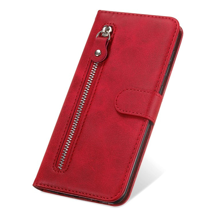 For Honor X7/Play 30 Plus 5G Wallet Phone Case PU Leather Zipper Pocket Flip Stand Design Magnetic Closure Cover - Red