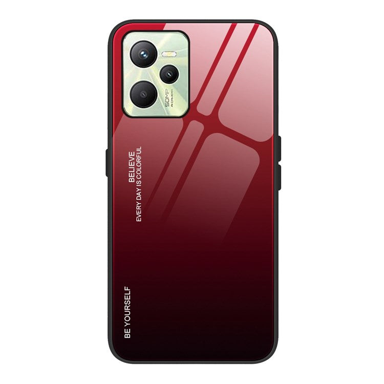 For Realme C35 4G Light Thin Tempered Glass + PC + TPU Phone Cover Stylish Gradient Color Design Case - Red/Black