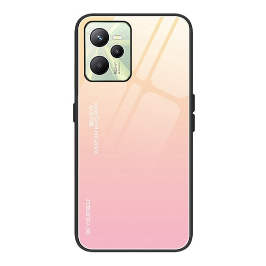 For Realme C35 4G Light Thin Tempered Glass + PC + TPU Phone Cover Stylish Gradient Color Design Case - Gold/Pink