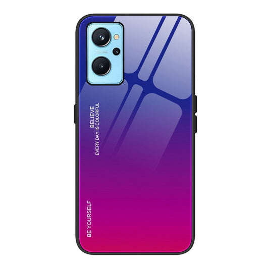 For Realme 9i/Oppo A76/A36 Tempered Glass + PC + TPU Phone Shell Gradient Color Design Drop-proof Fashionable Case - Blue/Rose Red