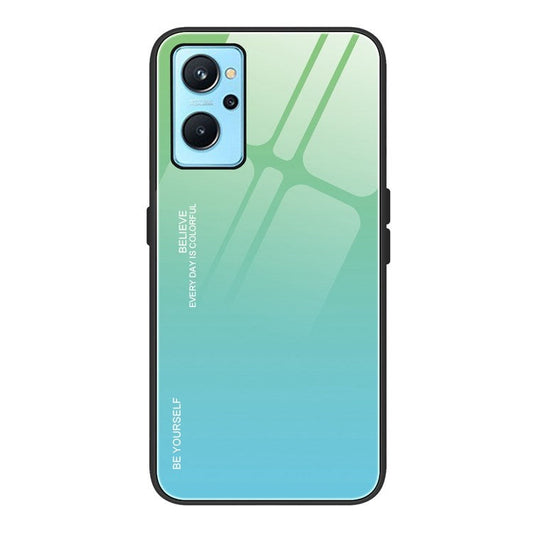 For Realme 9i/Oppo A76/A36 Tempered Glass + PC + TPU Phone Shell Gradient Color Design Drop-proof Fashionable Case - Cyan/Blue