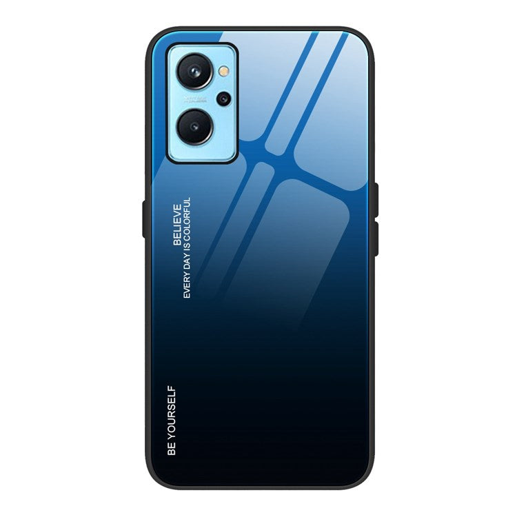 For Realme 9i/Oppo A76/A36 Tempered Glass + PC + TPU Phone Shell Gradient Color Design Drop-proof Fashionable Case - Blue/Black