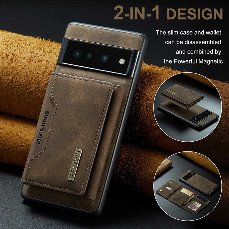 DG.MING M2 Series Magnetic Wallet Phone Case for Google Pixel 7 Pro 5G, Detachable 2-in-1 Kickstand Drop-proof Cover - Coffee