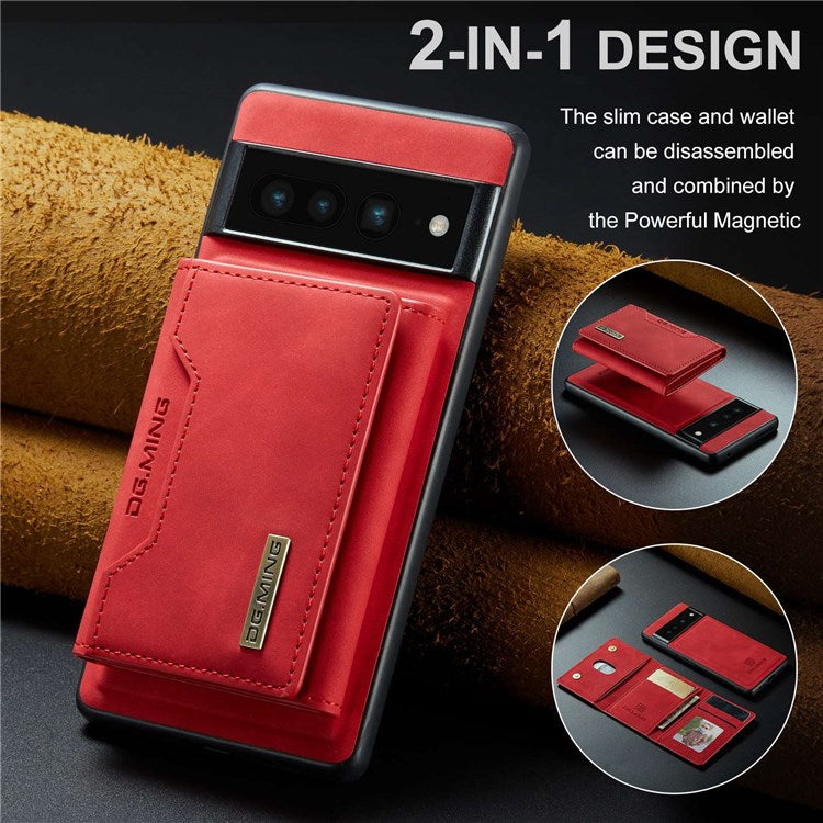 DG.MING M2 Series Magnetic Wallet Phone Case for Google Pixel 7 Pro 5G, Detachable 2-in-1 Kickstand Drop-proof Cover - Red