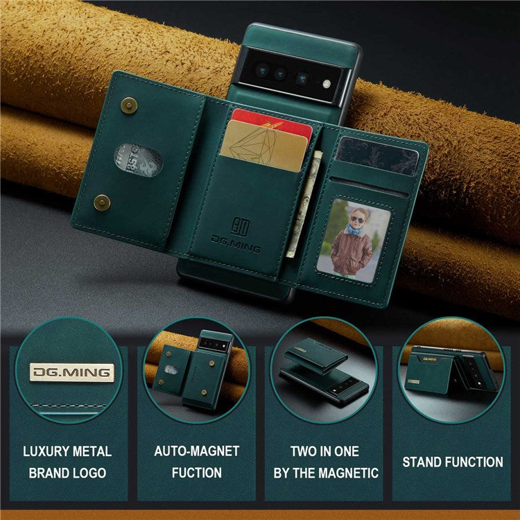 DG.MING M2 Series Magnetic Wallet Phone Case for Google Pixel 7 Pro 5G, Detachable 2-in-1 Kickstand Drop-proof Cover - Green