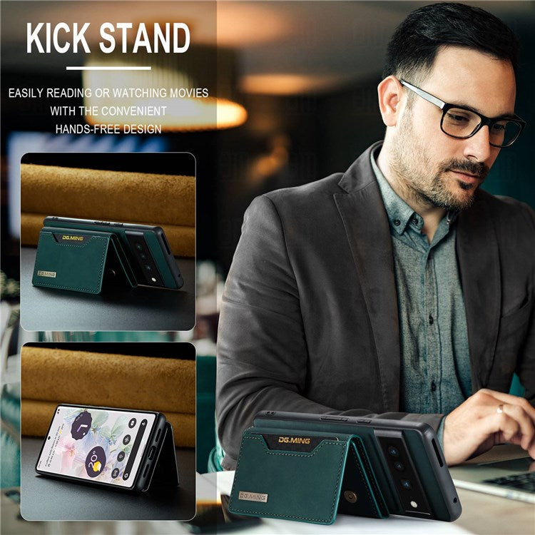 DG.MING M2 Series Magnetic Wallet Phone Case for Google Pixel 7 Pro 5G, Detachable 2-in-1 Kickstand Drop-proof Cover - Green