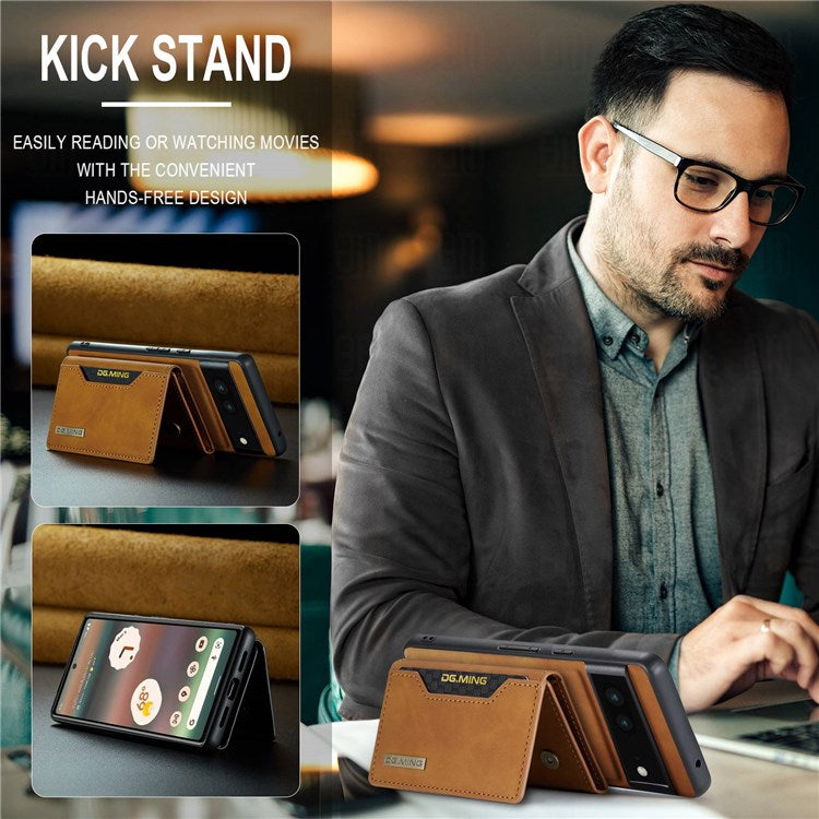 DG.MING M2 Series for Google Pixel 6a Detachable 2-in-1 Magnetic Wallet Phone Case Anti-scratch Kickstand Cover - Brown