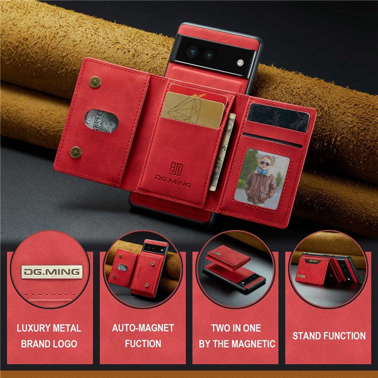 DG.MING M2 Series for Google Pixel 6a Detachable 2-in-1 Magnetic Wallet Phone Case Anti-scratch Kickstand Cover - Red
