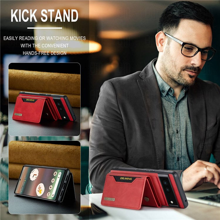 DG.MING M2 Series for Google Pixel 6a Detachable 2-in-1 Magnetic Wallet Phone Case Anti-scratch Kickstand Cover - Red