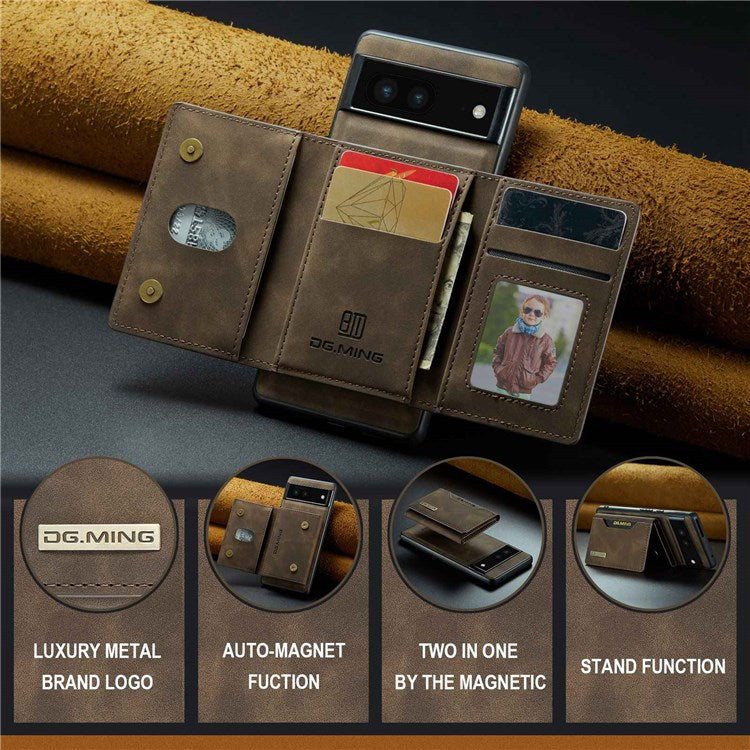 DG.MING M2 Series for Google Pixel 7 5G Magnetic Absorption Drop-proof Phone Case with Detachable Wallet/Kickstand - Coffee