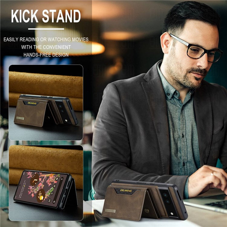 DG.MING M2 Series for Google Pixel 7 5G Magnetic Absorption Drop-proof Phone Case with Detachable Wallet/Kickstand - Coffee