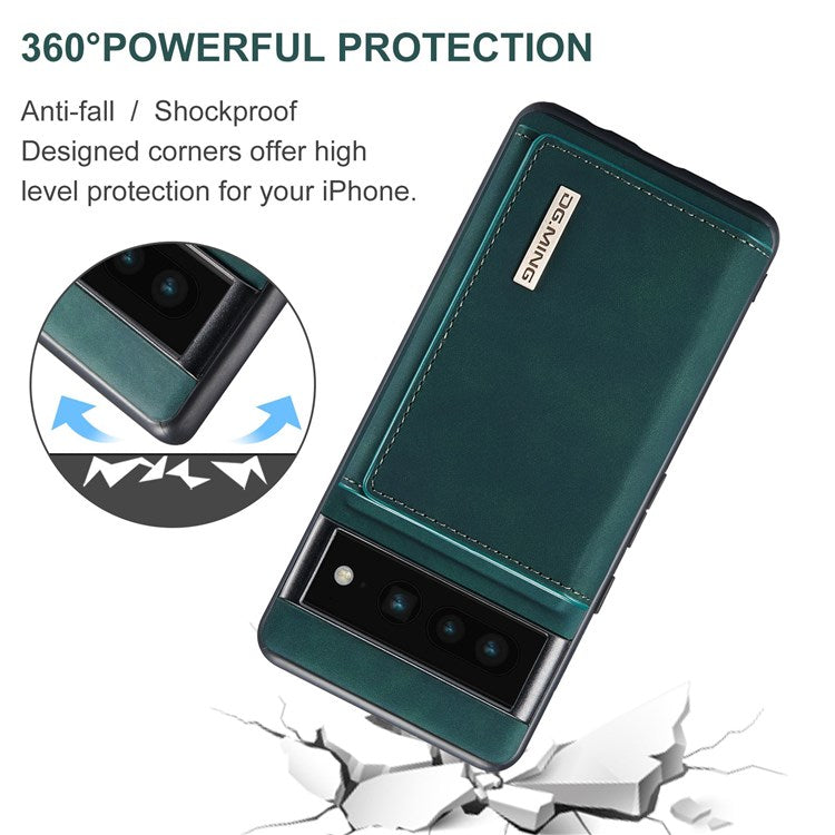 DG.MING M1 Series For Google Pixel 7 Pro 5G Magnetic Detachable Wallet PC+TPU+PU Phone Case with Kickstand - Green