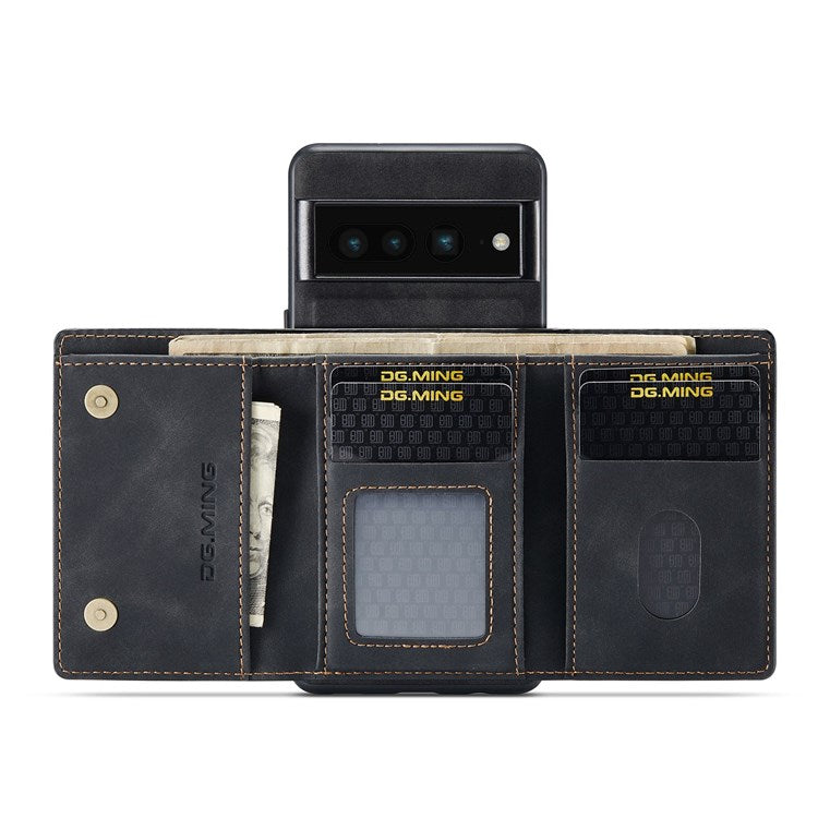 DG.MING M1 Series For Google Pixel 7 Pro 5G Magnetic Detachable Wallet PC+TPU+PU Phone Case with Kickstand - Black