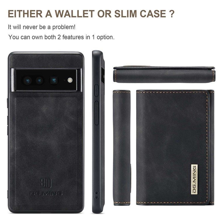 DG.MING M1 Series For Google Pixel 7 Pro 5G Magnetic Detachable Wallet PC+TPU+PU Phone Case with Kickstand - Black