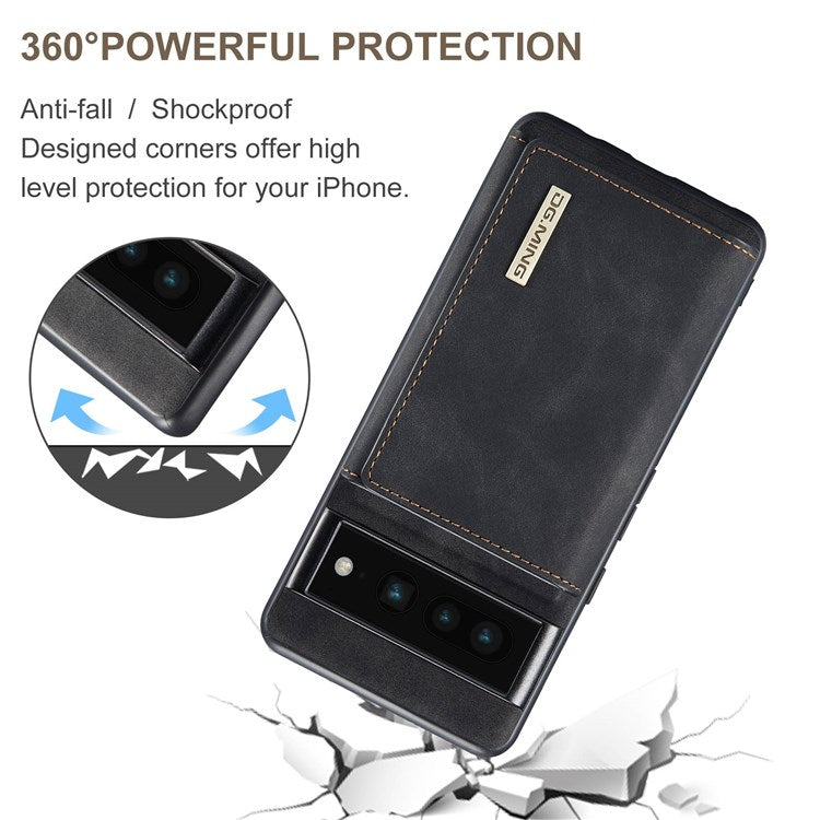 DG.MING M1 Series For Google Pixel 7 Pro 5G Magnetic Detachable Wallet PC+TPU+PU Phone Case with Kickstand - Black