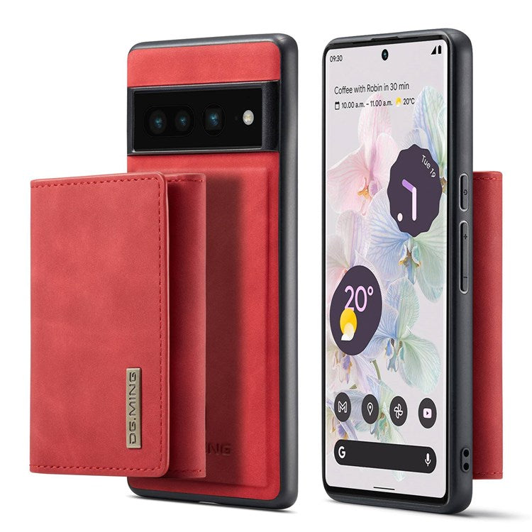 DG.MING M1 Series For Google Pixel 7 Pro 5G Magnetic Detachable Wallet PC+TPU+PU Phone Case with Kickstand - Red