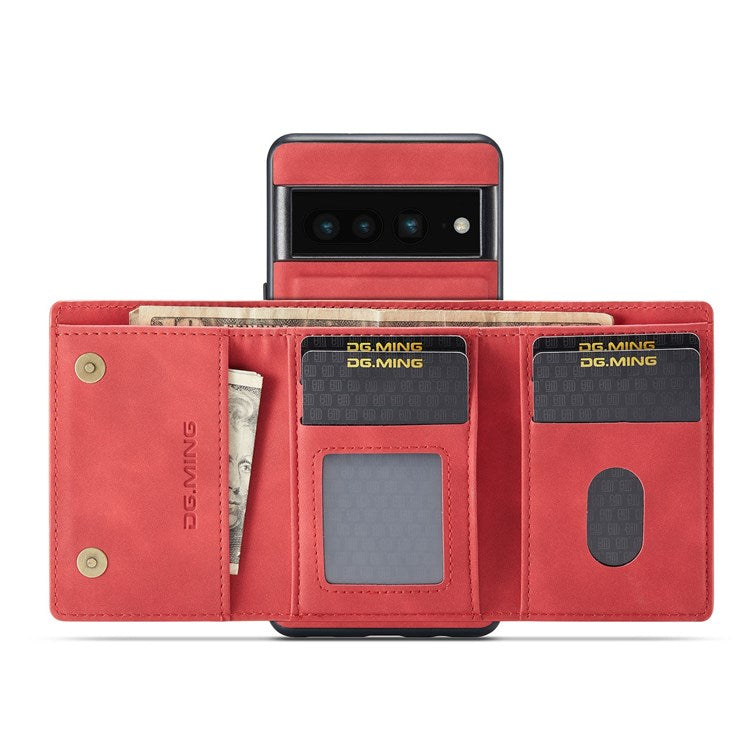 DG.MING M1 Series For Google Pixel 7 Pro 5G Magnetic Detachable Wallet PC+TPU+PU Phone Case with Kickstand - Red