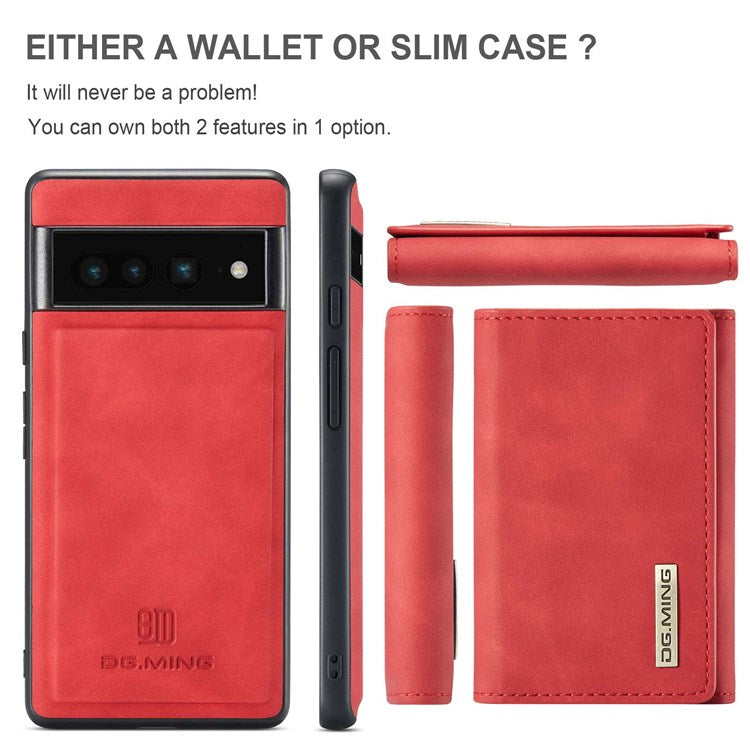 DG.MING M1 Series For Google Pixel 7 Pro 5G Magnetic Detachable Wallet PC+TPU+PU Phone Case with Kickstand - Red