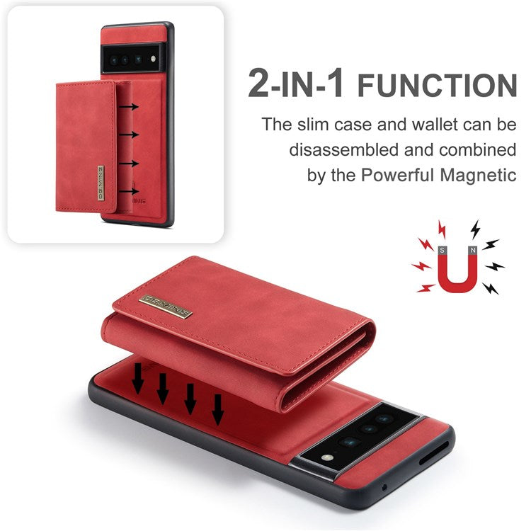 DG.MING M1 Series For Google Pixel 7 Pro 5G Magnetic Detachable Wallet PC+TPU+PU Phone Case with Kickstand - Red