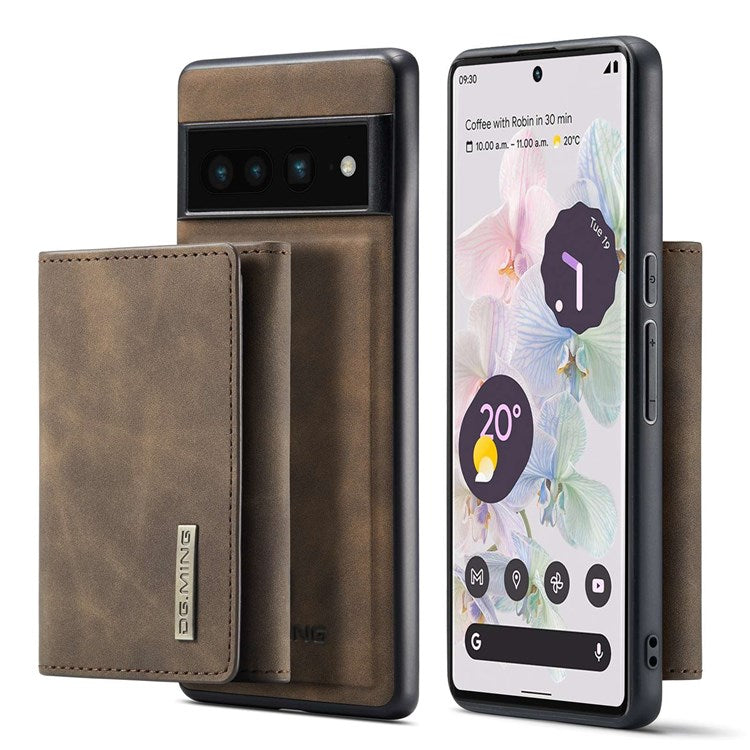 DG.MING M1 Series For Google Pixel 7 Pro 5G Magnetic Detachable Wallet PC+TPU+PU Phone Case with Kickstand - Coffee