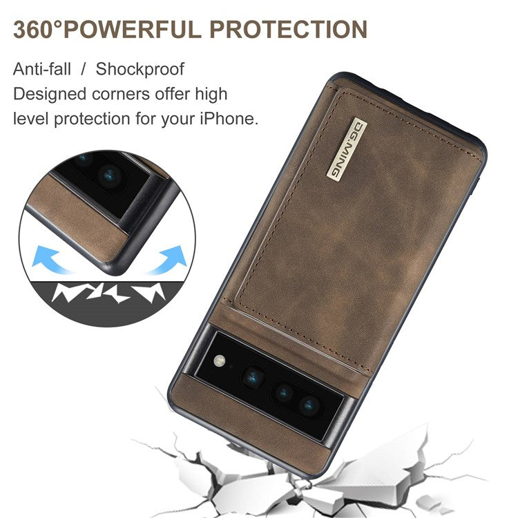 DG.MING M1 Series For Google Pixel 7 Pro 5G Magnetic Detachable Wallet PC+TPU+PU Phone Case with Kickstand - Coffee