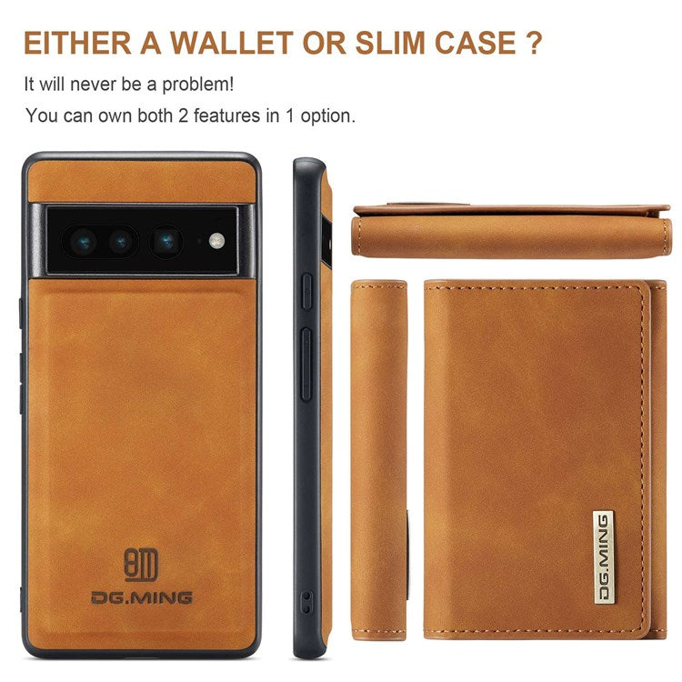 DG.MING M1 Series For Google Pixel 7 Pro 5G Magnetic Detachable Wallet PC+TPU+PU Phone Case with Kickstand - Brown