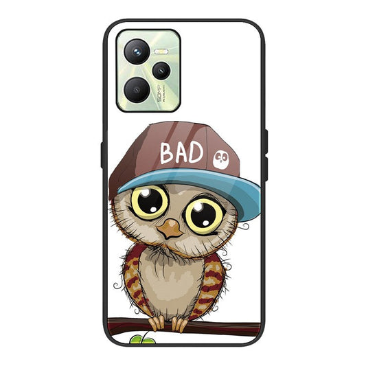 For Realme C35 Pattern Printing Tempered Glass+PC+TPU Phone Shell Mobile Phone Case Bag - Owl