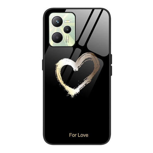 For Realme C35 Pattern Printing Tempered Glass+PC+TPU Phone Shell Mobile Phone Case Bag - For Love/Black