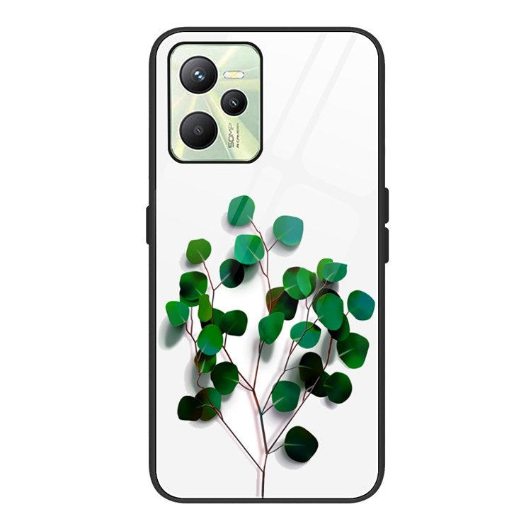 For Realme C35 Pattern Printing Tempered Glass+PC+TPU Phone Shell Mobile Phone Case Bag - Green Leaves