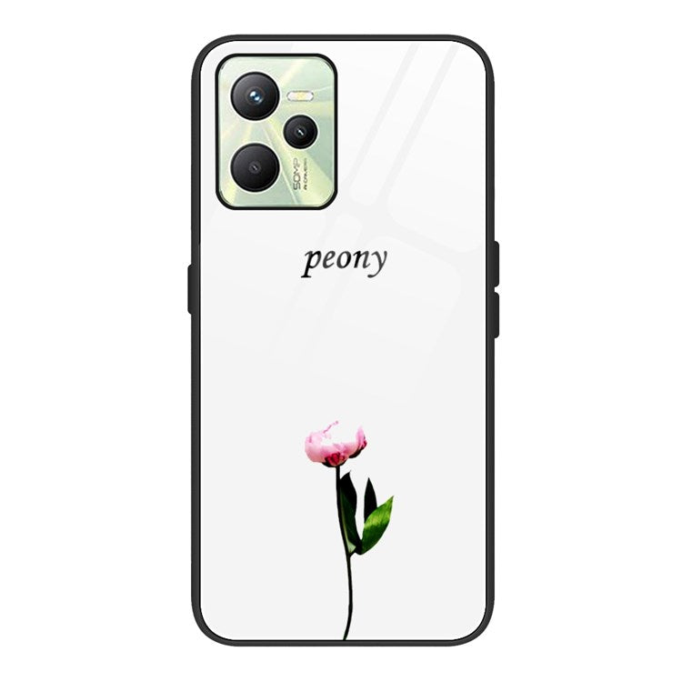 For Realme C35 Pattern Printing Tempered Glass+PC+TPU Phone Shell Mobile Phone Case Bag - Peony