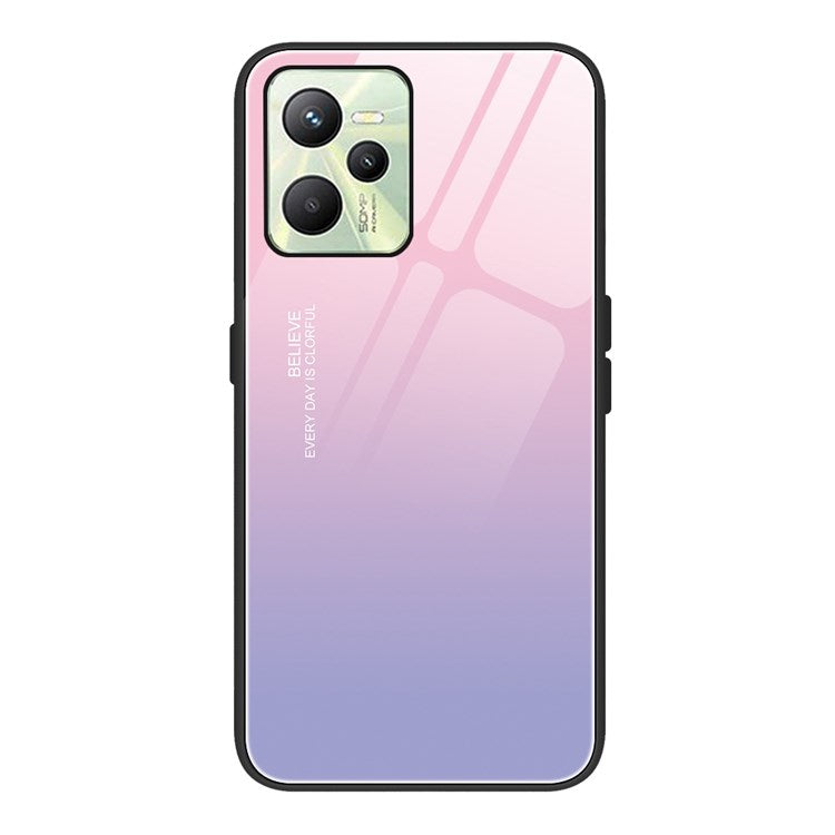 For Realme C35 Pattern Printing Tempered Glass+PC+TPU Phone Shell Mobile Phone Case Bag - Gradient Pink Purple