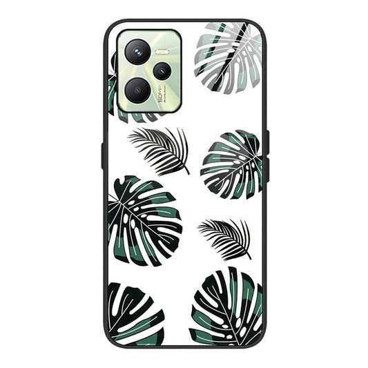 For Realme C35 Pattern Printing Tempered Glass+PC+TPU Phone Shell Mobile Phone Case Bag - Leaves