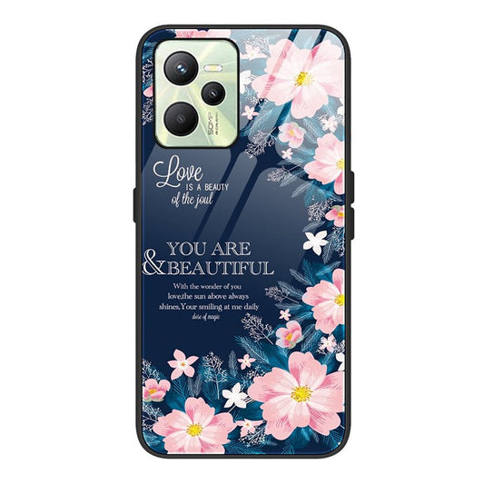 For Realme C35 Pattern Printing Tempered Glass+PC+TPU Phone Shell Mobile Phone Case Bag - Pink Flowers