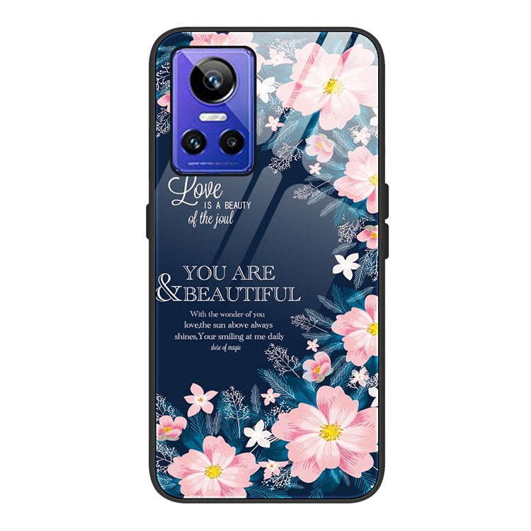For Realme GT Neo3 Pattern Printing Phone Case Anti-scratch Tempered Glass+PC+TPU Phone Cover - Pink Flowers