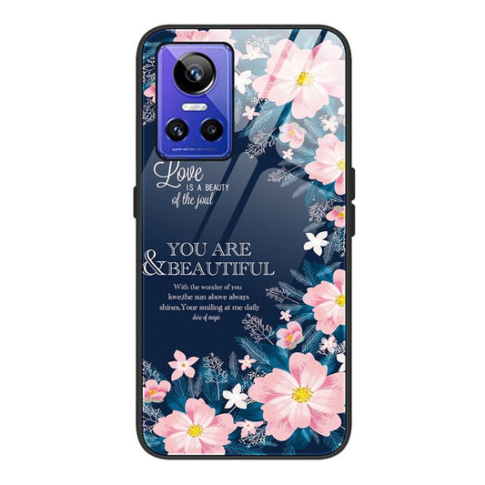 For Realme GT Neo3 Pattern Printing Phone Case Anti-scratch Tempered Glass+PC+TPU Phone Cover - Pink Flowers